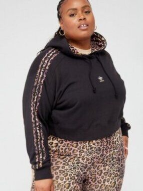 adidas Originals Plus cropped hoodie with leopard print stripes in black